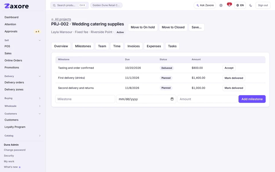 Projects with milestones, time and budget